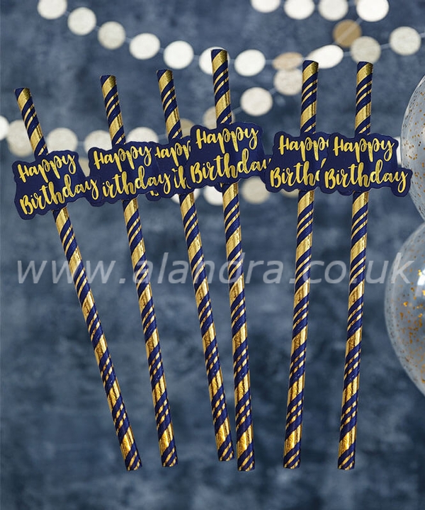 Navy & Gold Happy Birthday Straws Pack of 6